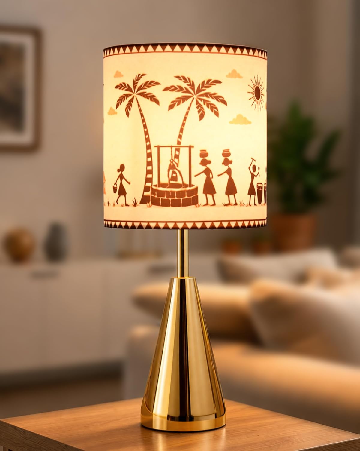 Homesake® Luxe Cone Gold Table Lamp with Fabric Drum Shade, Modern Decorative Bedside Lamp for Bedroom, Living Room & Lighting, Nightstands Desks, Home Decor (Warli Art of India Shade)