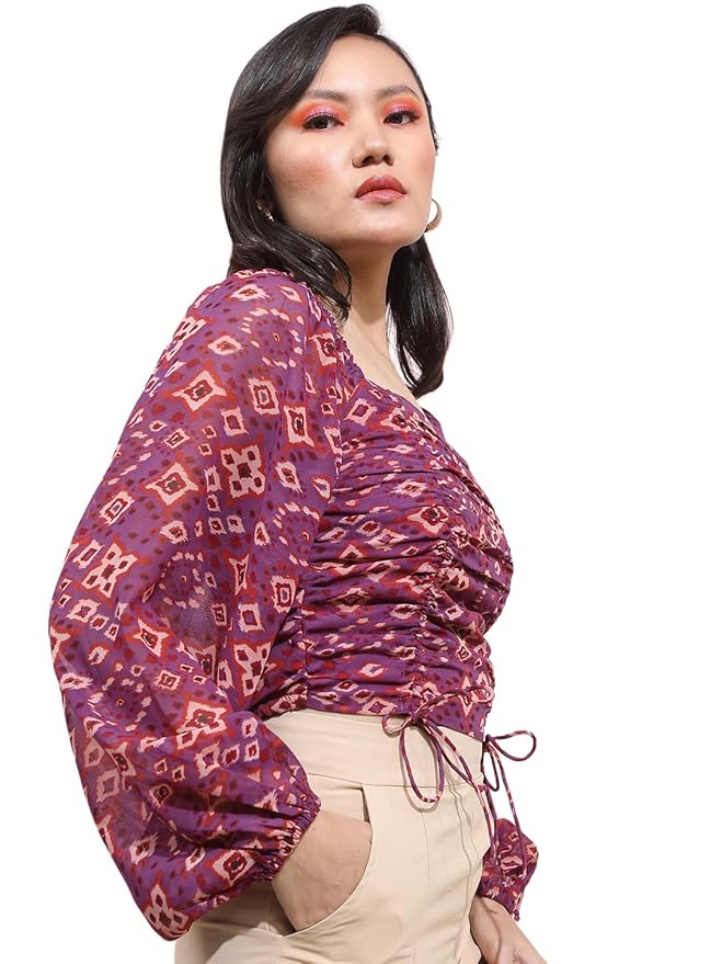 Tokyo Talkies Women's Long Sleeves Square Neck Printed Tops| Stylish Casual wear