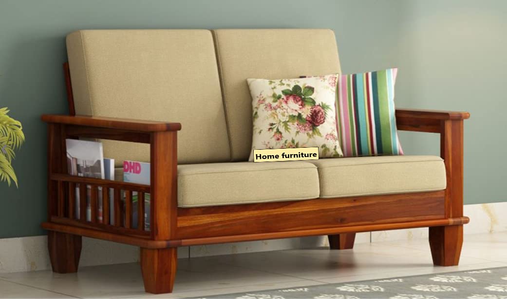 Home furniture Wooden Sofa Set for Living Room and Office 2 Two Seater Sofa (D2 Teak Finish) (Cream Color Cushion) 2-Person Sofa Handicraft- Handmade