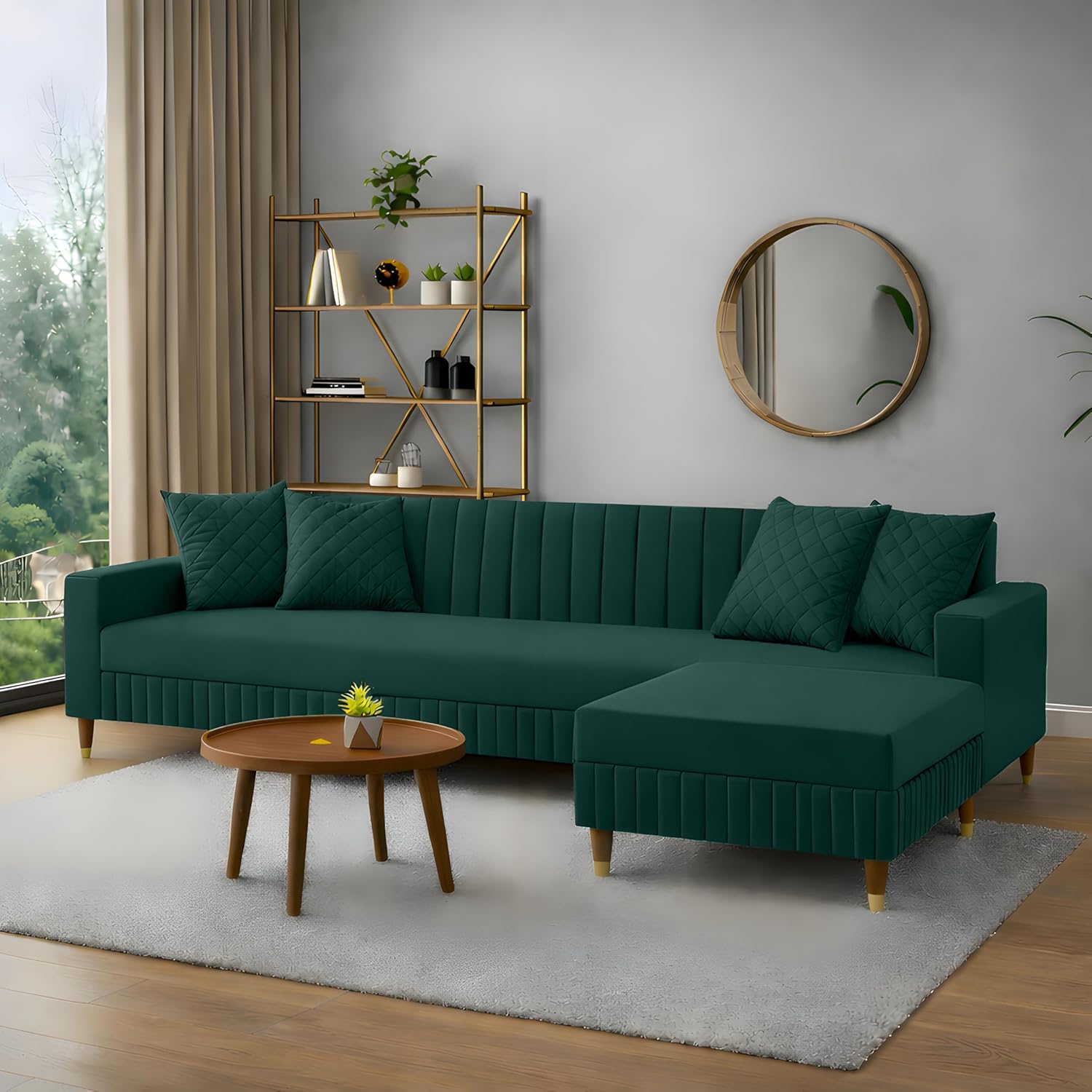 AMATA Elegant Solid Wood 4 Seater L shaps Green Suede Velvet Fabric Sofa Set with Four Cushions Perfect for Home Office Guests Living Room (02 Green, L Shape)(03 Year warramty)