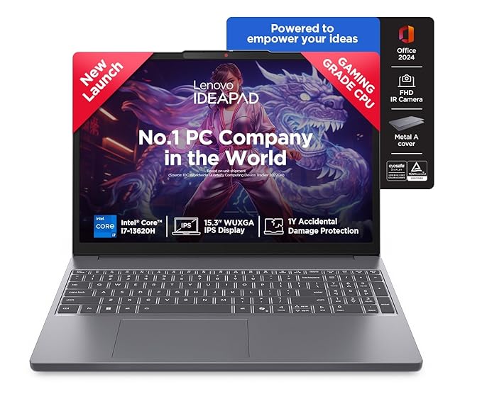 Lenovo IdeaPad Slim 3 13th Gen Core i7-13620H 15.3" (38.8cm) WUXGA IPS Laptop (16GB RAM/512GB SSD/Win 11/Office 2024/Backlit/1Yr ADP Free/Top Metal Cover & IR Camera/Grey/1.6Kg),83K1011BIN