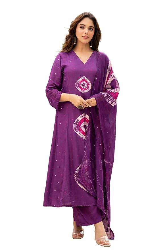 Nermosa Women Viscose Kurta Pant Dupatta Set | Summer Friendly Ethnic Suit Set for Women | V-Neck Printed Kurti with Matching Pants & Dupatta | Casual & Office Wear