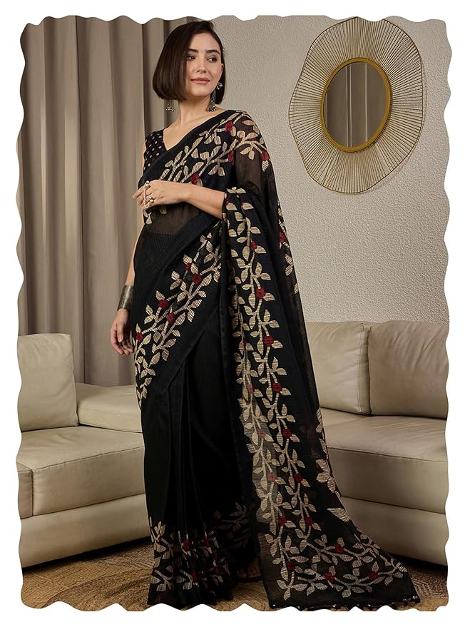 AKHILAM Women's Cotton Printed Ready To Wear Saree With Unstitched Blouse Piece
