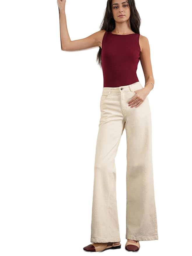 FableStreet Women Wide Leg Jeans Casual Wear | Super Relaxed Fit High Rise Solid Design | Premium Woven Denim & Five Pocket Style for Street Wear & Daily Outings