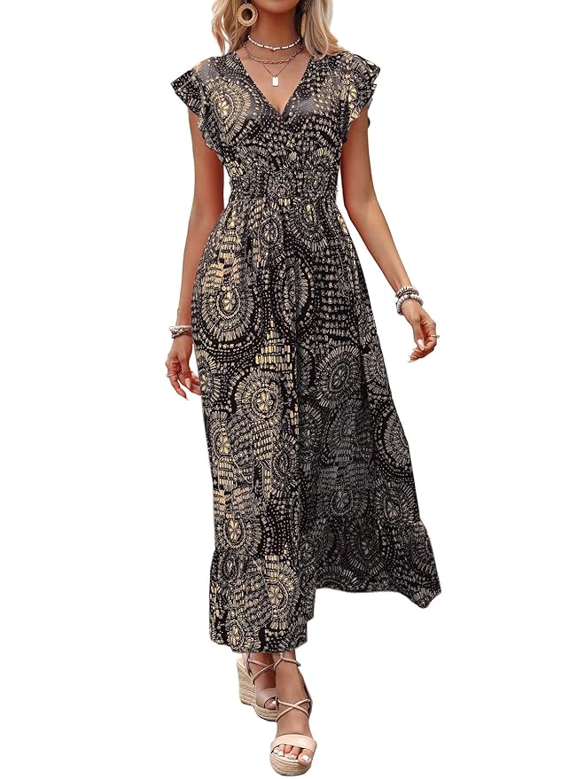 Shasmi Women's & Girl's V-Neck Striped Printed Dress with Ruffled Hem and Belted Waist for Vacation, One Piece Dress for Women's Casual Dress (Dress 140)