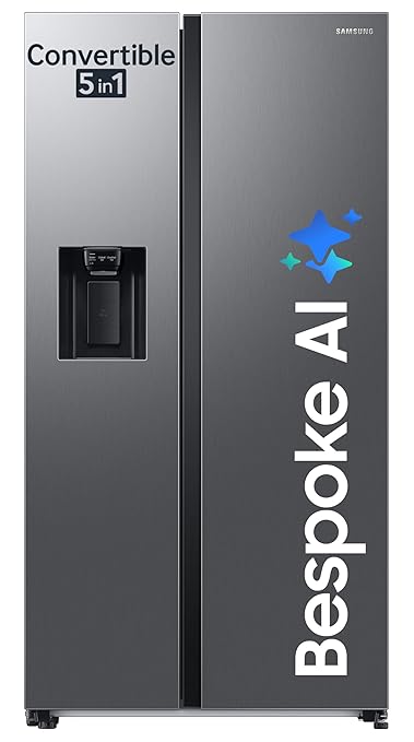 Samsung 633 L, 3 Star, Frost Free, Double Door, Convertible 5-in-1 Digital Inverter, Side By Side Refrigerator with AI, WiFi & Water & Ice Dispenser (RS78CG8543S9HL, Silver, Refined Inox)