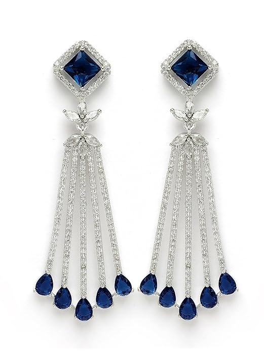 Karatcart Women Silver Plated Blue American Diamond Studded Jhumki Earrings