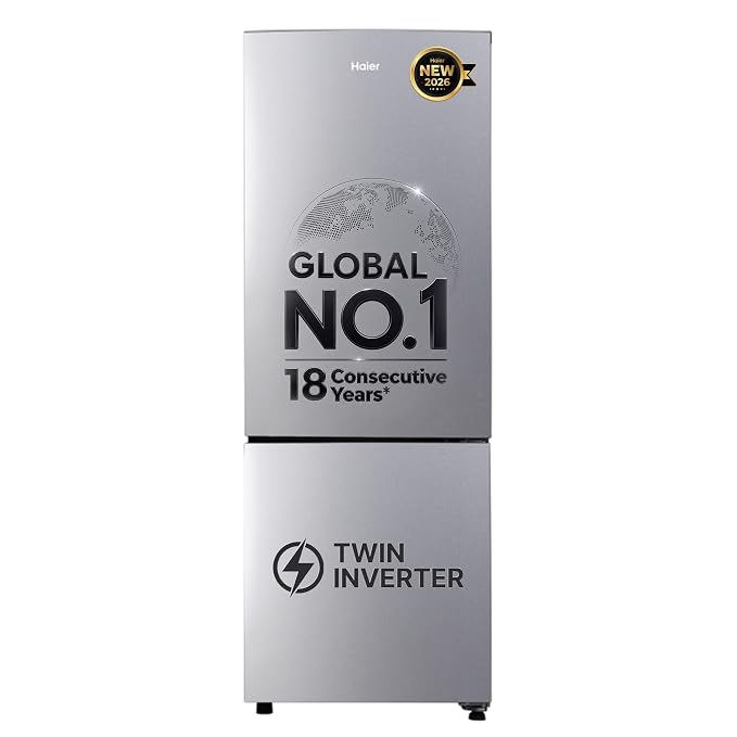 Haier 237 L 2 Star Frost Free Twin Inverter Double Door Bottom Mount Refrigerator with Cool Pad for Long-Lasting Freezer Cooling & Extra Spacious 2X Veg Box (HEB-242EGSA-P, Moon Silver, 2026 Model)e cf