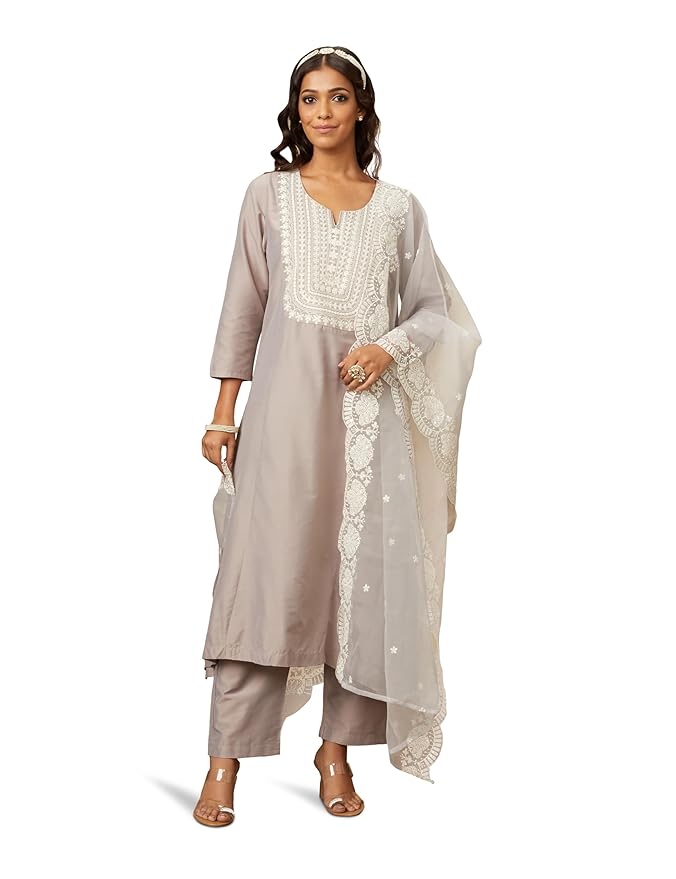 Amazon Brand - Myx Women Kurta Pant Set with Embroidered Organza Dupatta | Viscose,Rayon | A-line fit (Available in Plus Sizes)