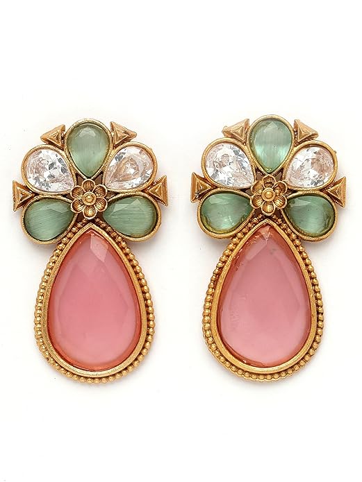 Karatcart Silver Tone Diamond Shape Pink and Blue Carved Stone Studded Drop Earrings for Women