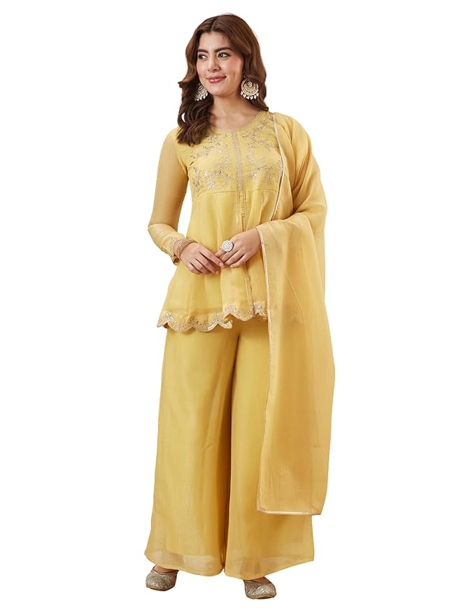 MOKOSH Women's Silk Floral Yoke Embroidered Peplum Style Kurta Sharara Set with Dupatta Full Sleeves Ethnic Suit