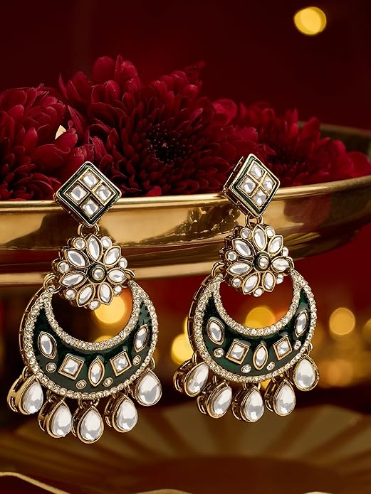 Zaveri Pearls Green Meenakari Dazzling Stones Embellished Antique Plating Dangler Earring For Women-ZPFK21703