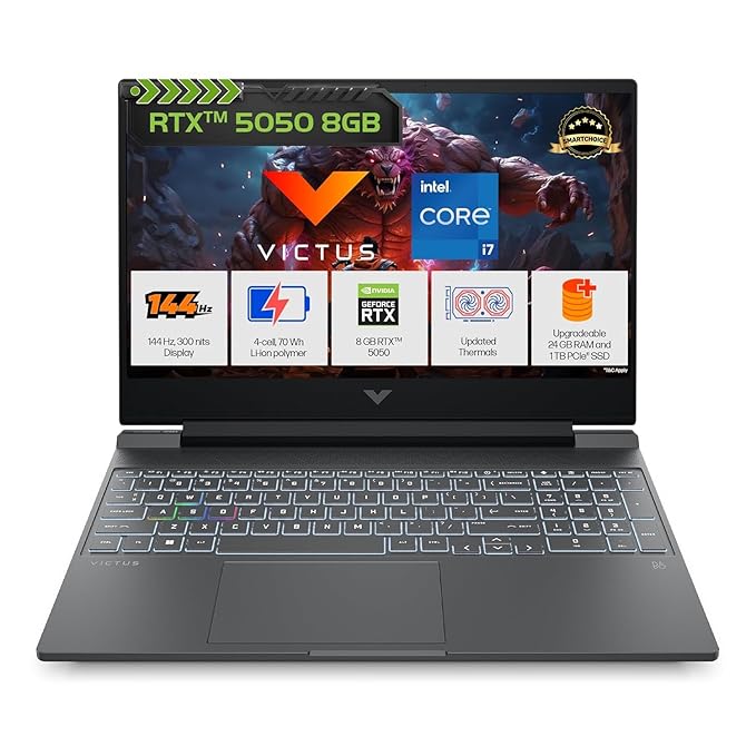 HP Smartchoice Victus, 13th Gen Intel Core i7-13620H, 8GB RTX 5050, 24GB DDR5(Upgradeable) 1TB SSD, 144Hz, 15.6''/39.6cm, Win11, Office24, Mica Silver, 2.3kg, fa2309, Xbox Gamepass*, RGB Gaming Laptop