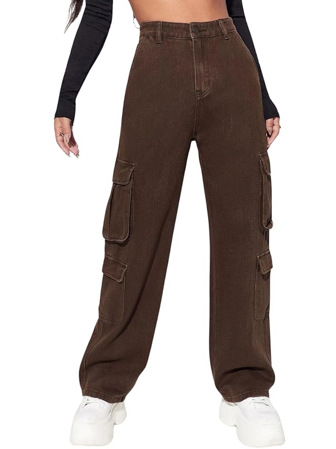 GRECIILOOKS Cargo Jeans for Women – Wide Leg High Waist Baggy Denim Pants | Casual Fit Trousers with Utility Pocket Design