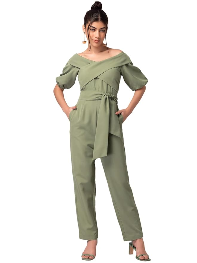 FabAlley Department5 Light Green Drop Shoulder Front Tie Jumpsuit