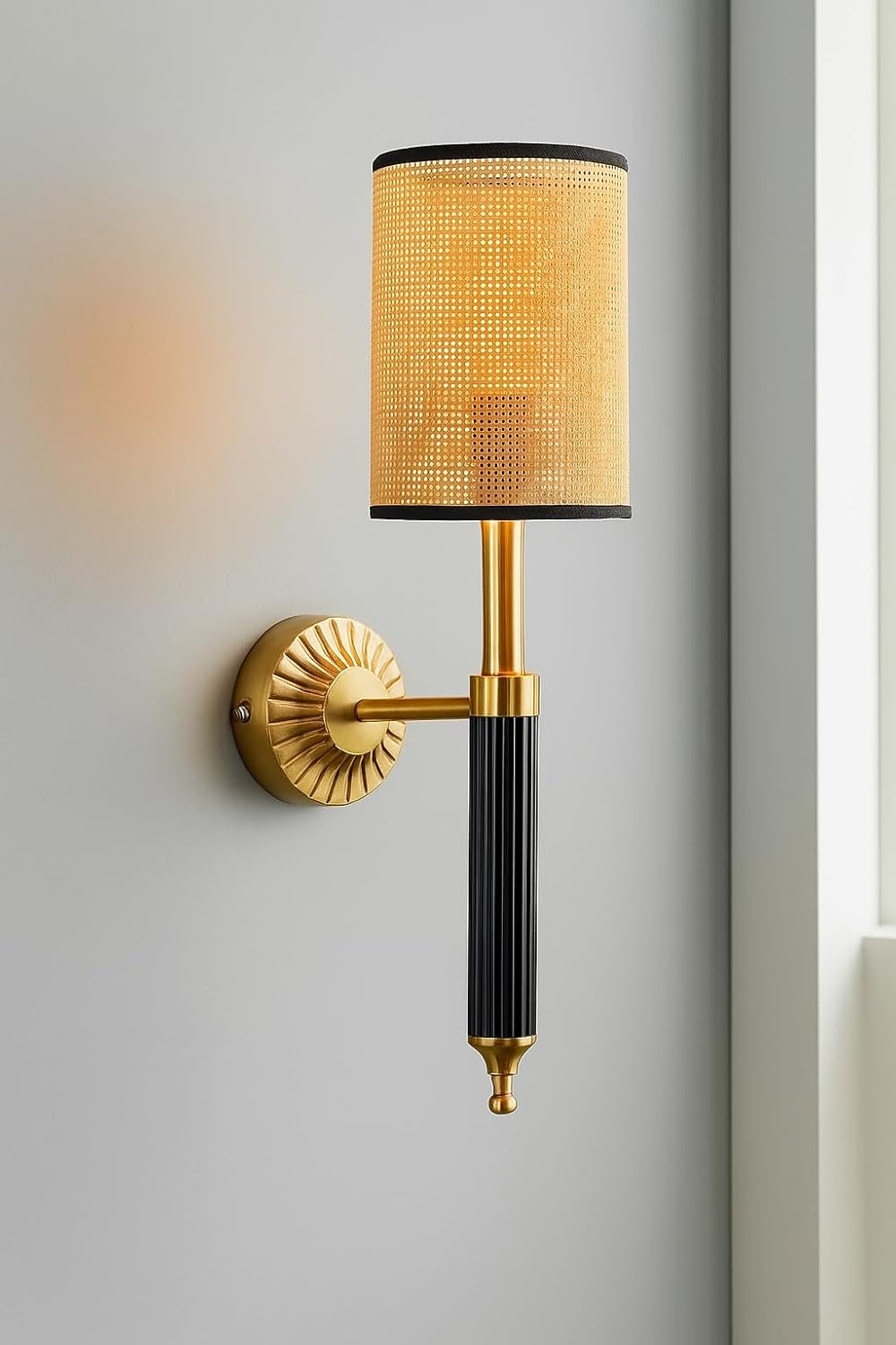AKWAY Antique Brass Finish Wall Lamps for Living Rooms with Bamboo Shade | Rattan and Cane Wall Lights for Bedroom | Wicker Wall scones (Rattan Nilima)