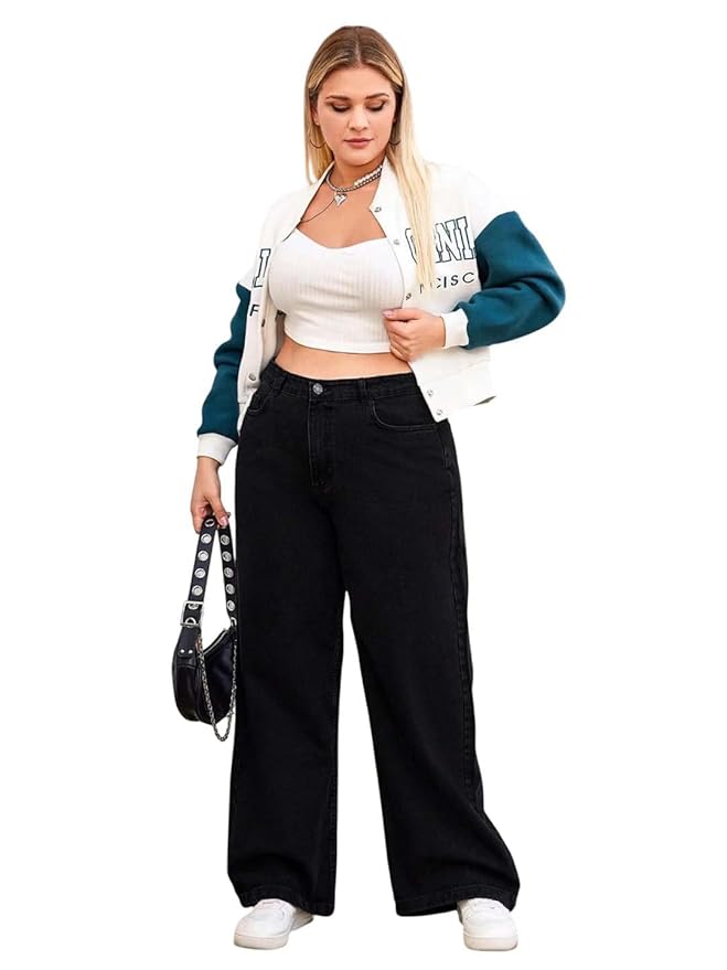 KOTTY Women's Plus Size Straight Fit High Waist Wide Leg Jeans for Stylish Trendy Look
