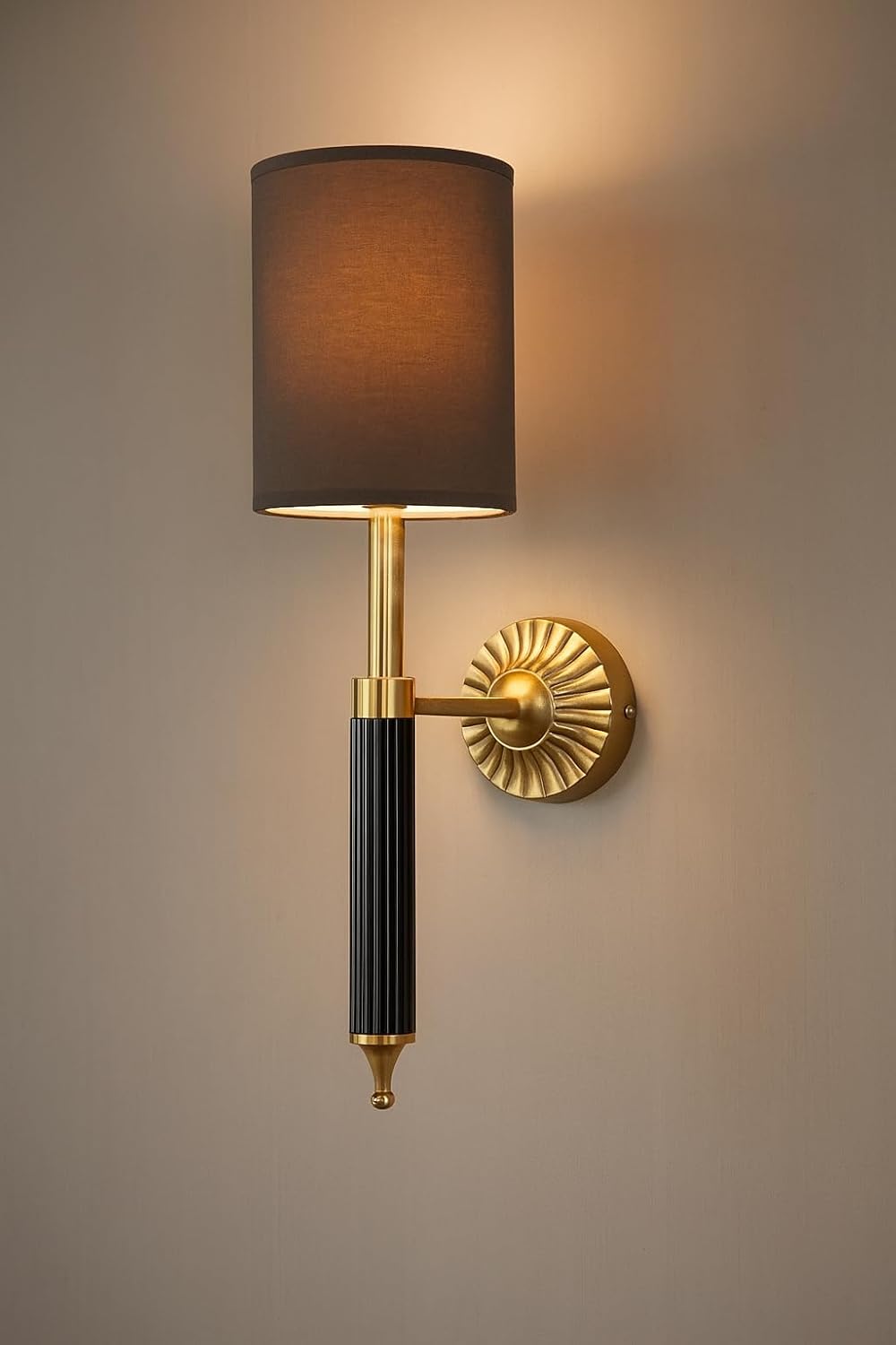 AKWAY Cane Wall Lamp for Living Room | Daksha Bamboo Wall Light for Home Decoration | Handmade Stylish Wall Sconce for Wall Mount | Fancy Light for Bedroom (Black Fabric Cylinder - OSHA)