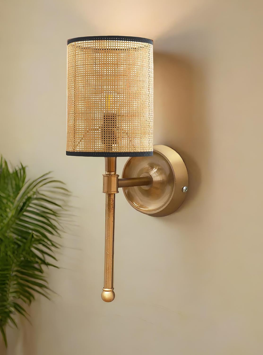 AKWAY Antique Brass Finish Wall Lamps for Living Rooms with Bamboo Shade | Rattan and Cane Wall Lights for Bedroom | Wicker Wall scones - (Rattan Single Webbing Cylinder - Adya)