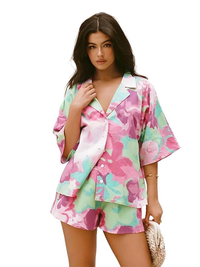 GRECIILOOKS Co-ord Set for Women Stylish | Women Co-Ord Pajama Set | Stylish Night Dress & Beach Outfit | 2 Piece Printed Shirt & Shorts Loungewear | Comfortable Pajama Sets for Womens