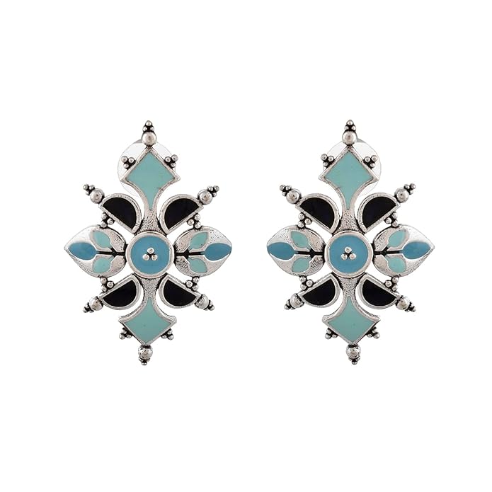 Voylla Brass Oxidised Dreamy Enamel Floral Shape Blue Earrings for Women and Girls