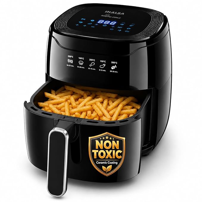 INALSA Non -Toxic Ceramic Coated Air fryer 4.5 L& 1400 W Power|No Micro plastics,No PTFE,PFAS,PFOA|Digital Touch Panel,8 Preset|Air Fryer without Teflon Coating,Tasty FryCD4.5