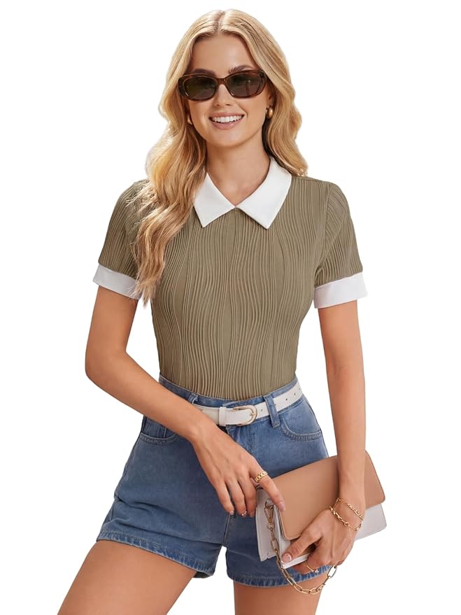 Leriya Fashion Women's Ribbed Knit Polo Top - Short Sleeve Slim Fit Collared T-Shirt, Lightweight Breathable Summer Casual Blouse for Office, Daily, Vacation & Street Style