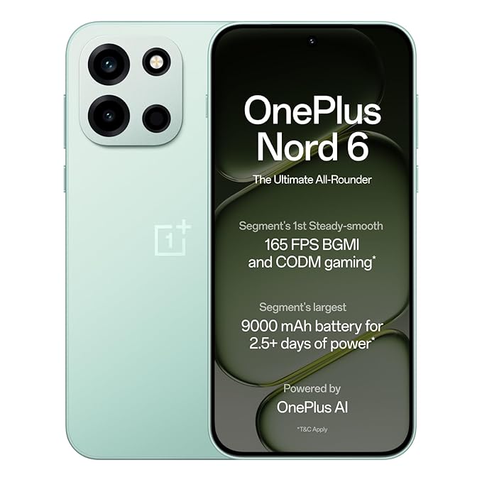 OnePlus Nord 6 | 8GB+256GB | Fresh Mint | Snapdragon 8s Gen 4 | Segment's First Stable 165FPS Gaming | Segment's Largest 9000mAh Battery | Most Complete IP Rating | Personalized AI