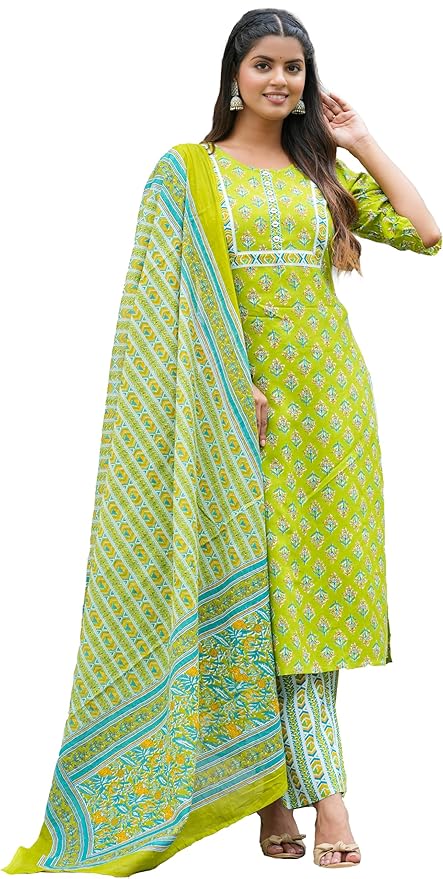 Yash Gallery Women's Rayon Floral Printed Straight Kurta with Pant & Dupatta Set