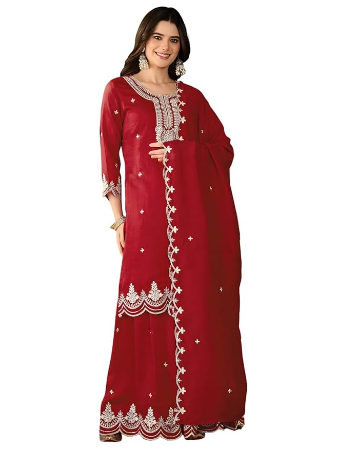 Naixa Women's Silk with Cotton Lining Embroidered Flared Kurta with Silk Palazzo | Chanderi Cotton Scalloped Embroidered Dupatta Set | 3/4 Sleeve | Round Neck | Festive