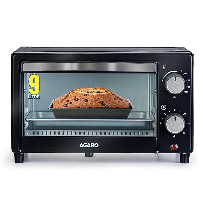 AGARO Marvel 9L OTG Oven 800W, Compact Toaster Griller for Baking, Toasting & Grilling, Adjustable 100°C-250°C, 30-Min Timer with Ready Bell, Auto Shut-Off, Tempered Glass Door, Bake Pan, Tong & Rack