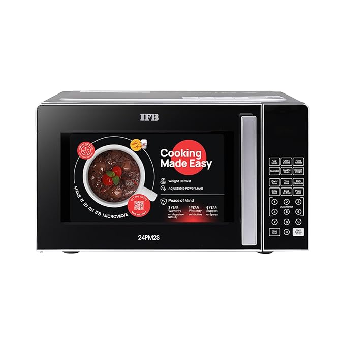 IFB 24L Solo Microwave Oven with 69 Auto Cook Menus (24PM2S, Silver, Mug Recipes, Steam Clean, Auto Reheat, Preset Timer, Power Save, Child Safety Lock, 10 Power Levels)