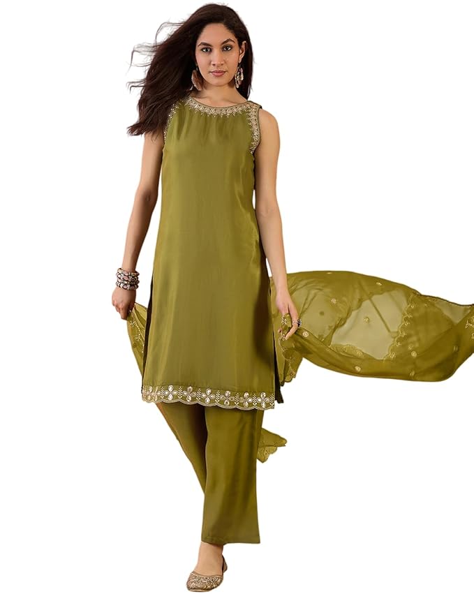 Amazon Brand - Tavasya Women Santoon Zari Sequence Embroide Kurta with Palazzo Set|Kurta Set|Salwar Suit|3 Piece Set