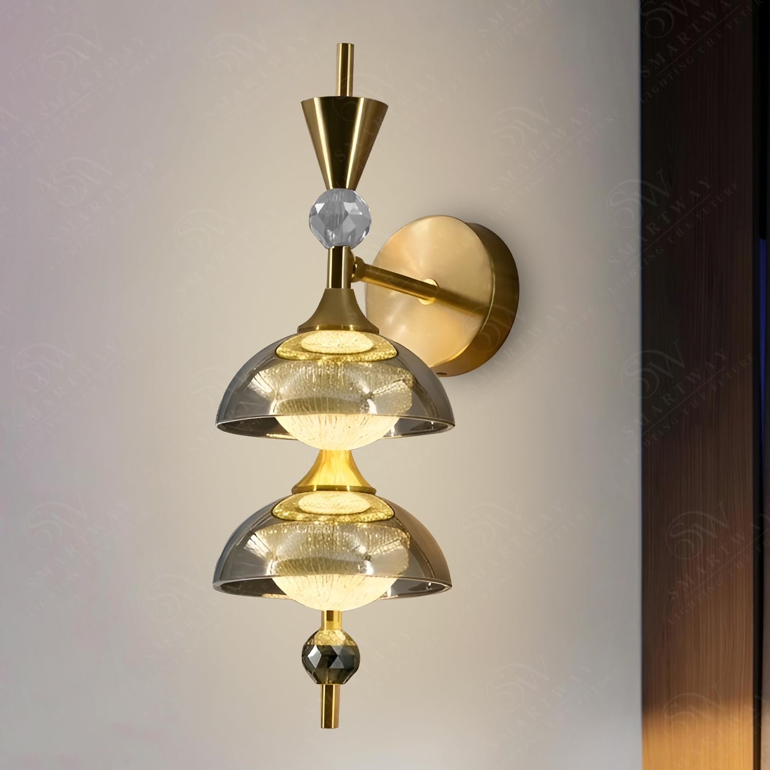 Smartway® Arka 10W Modern Tiered Glass Wall Lamp | Gold Designer Wall Light with Double-Layer Crystal Disc Design | Decorative Wall Sconce for Living Room, Bedroom, Hallway & Home Decor