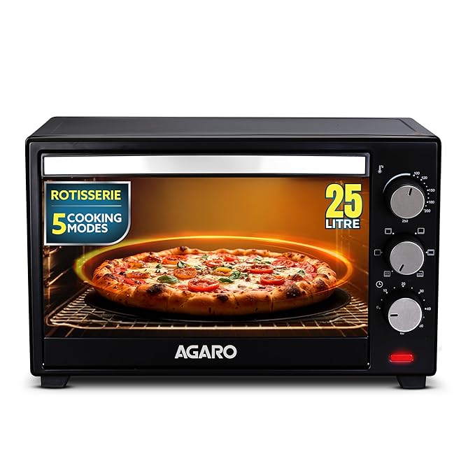AGARO Marvel Oven Toaster Griller, 25 Litres, Motorised Rotisserie, Adjustable Temperature, 5 Heating Modes & Timer, CakeBaking, Roasting,Grilling,OTG (Black)