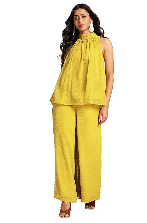 Janasya Women's Chiffon Woven Design Gathered Co-Ord Set