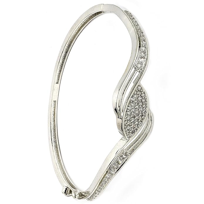 ZENEME Rhodium Plated Silver Toned American Diamond Studded Grace Line Kada Bracelet For Women