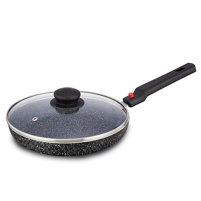 Amazon Brand - Solimo Non-Stick Fry Pan with Glass Lid with Detachable Handle | Granite Finish | Induction Base | PFOA Free | High Temperature Resistant Exterior Coating | 22 cm | Black