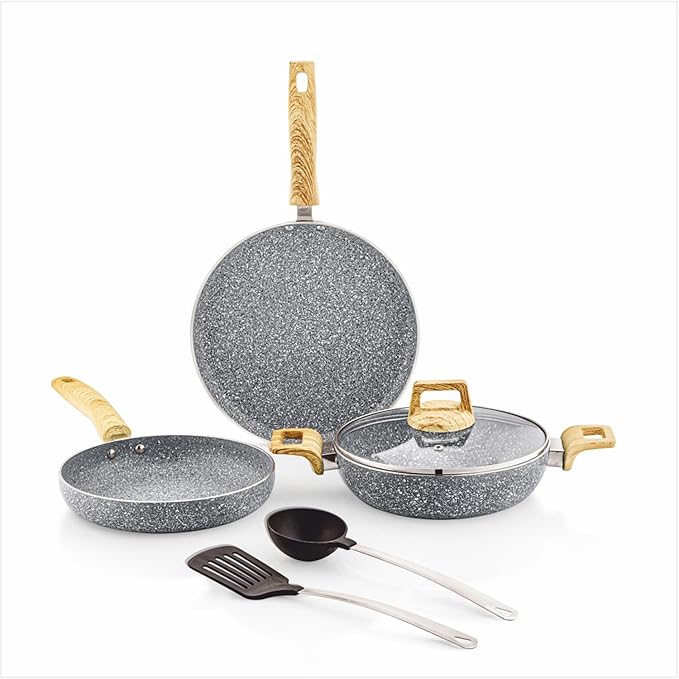 Amazon Basics Granite Finish Non Stick 5 Pcs Induction Base Cookware Set-Granito Grey (24cm Fry Pan, 24 cm Kadai, 28cm Tawa and 2 Nylon Spatulas)
