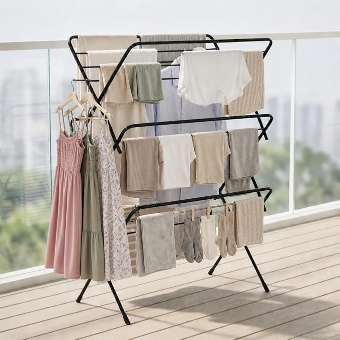 Lifelong Foldable Alloy Steel Cloth Drying Stand for Balcony|3-Tier Heavy Duty Laundry Rack for Indoor & Outdoor|Portable Standing Clothes Dryer with Anti-Slip Feet|Space Saving Steel Rack for Home