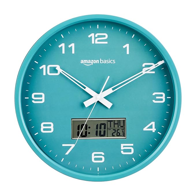 Amazon Basics 12.5 Inch Analog Digital Wall Clock with LCD Display | Calendar Day Date Temperature | Silent Non-Ticking Sweep Movement | Large Dial Visibility | Dual Battery Powered (Sea Green)