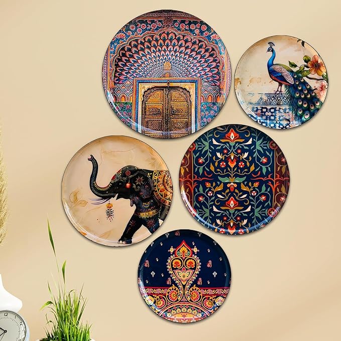 amazon basics Metal Maharaja Art Decorative Wall Plates | Multicolour Floral Design | Elegant Home & Living Room Wall Decoration | Gift Items | Set of 5