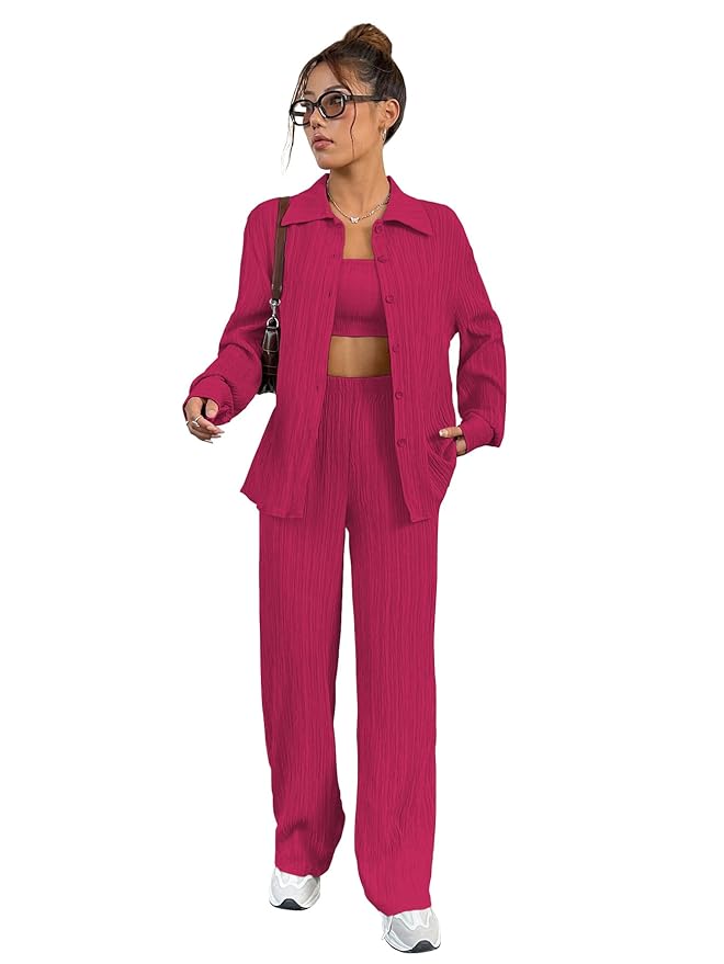Shasmi Women’s 3-Piece Co-ord Set – Solid Button Front Shirt, Strapless Tube Top & Wide Leg Pants | Casual Loose Fit Western Outfit for Daily Spring/Fall Wear (Co-Ord-208)