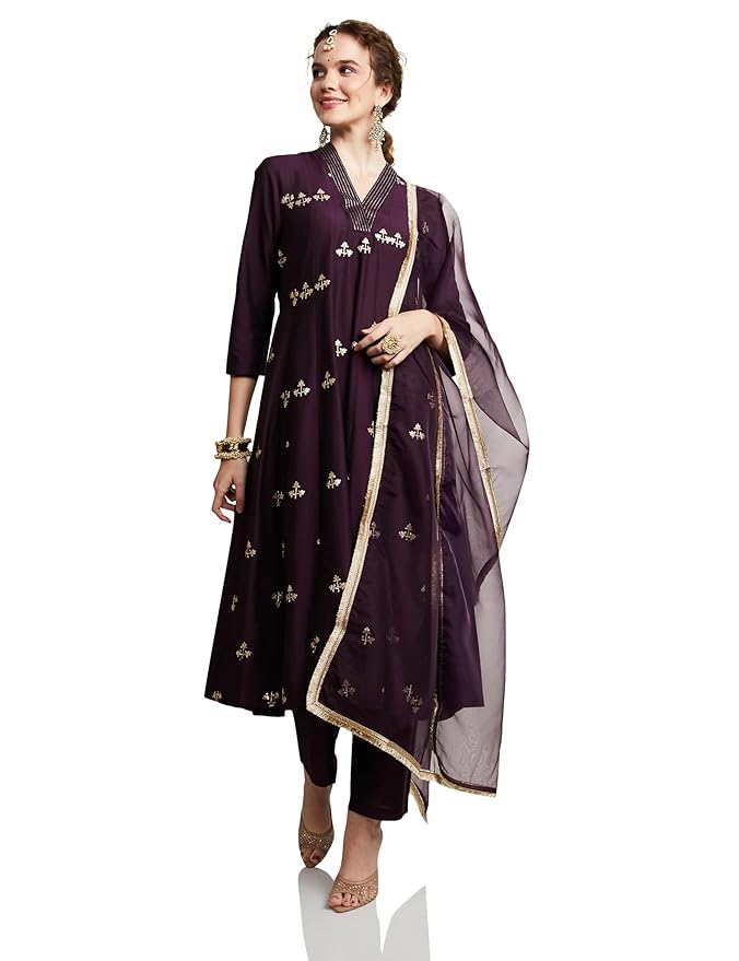 Amazon Brand - Myx Women's Embroidered Kalidar Kurta Pant Set with Organza Dupatta (Available in Plus Sizes)