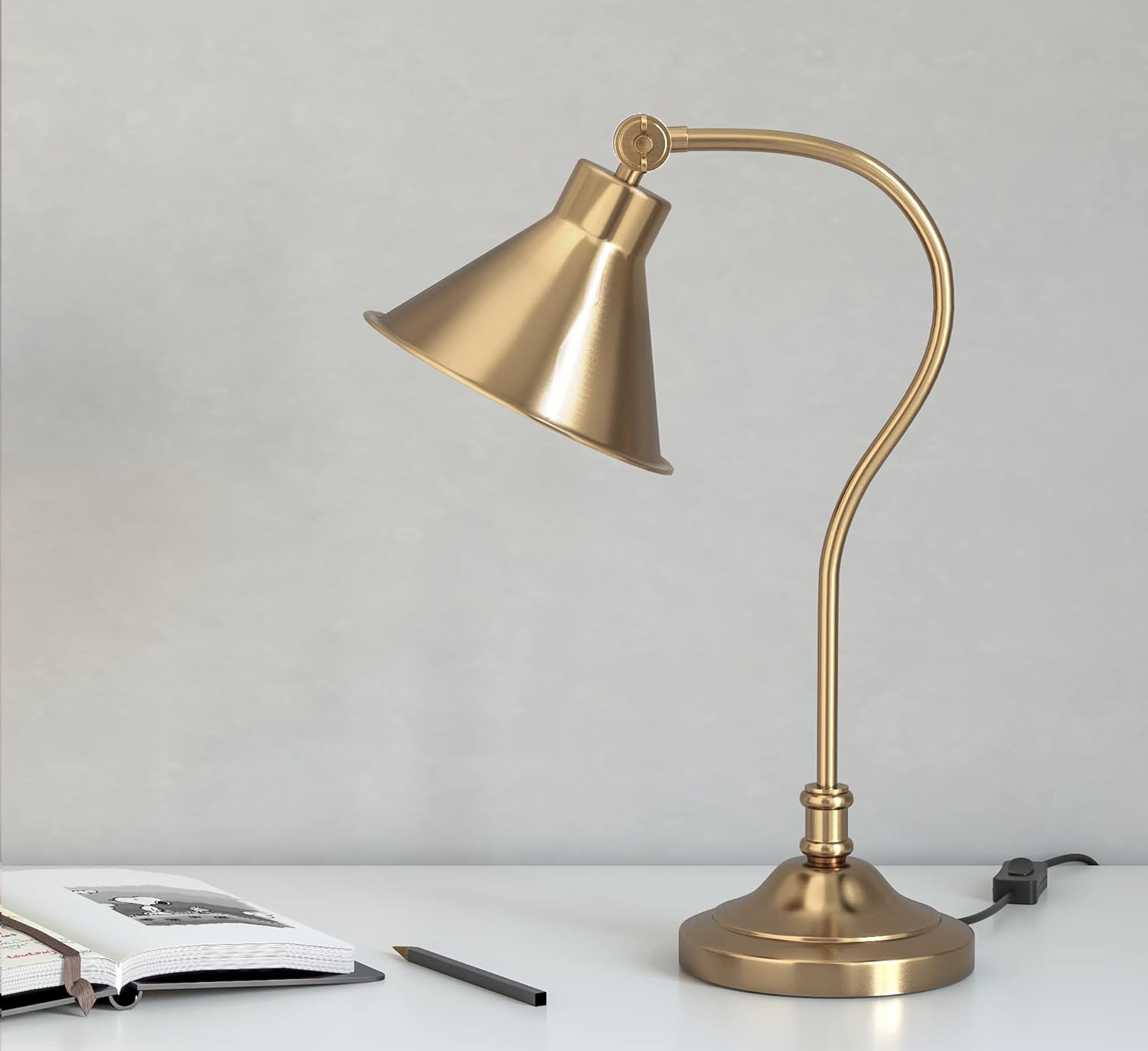 Divine Trends Study Desk Office Reading Curved LED, Incandescant, CFL, Smart Bulbs Table Lamp Brass Antique Finish with Adjustable Head Shade Pack of 1