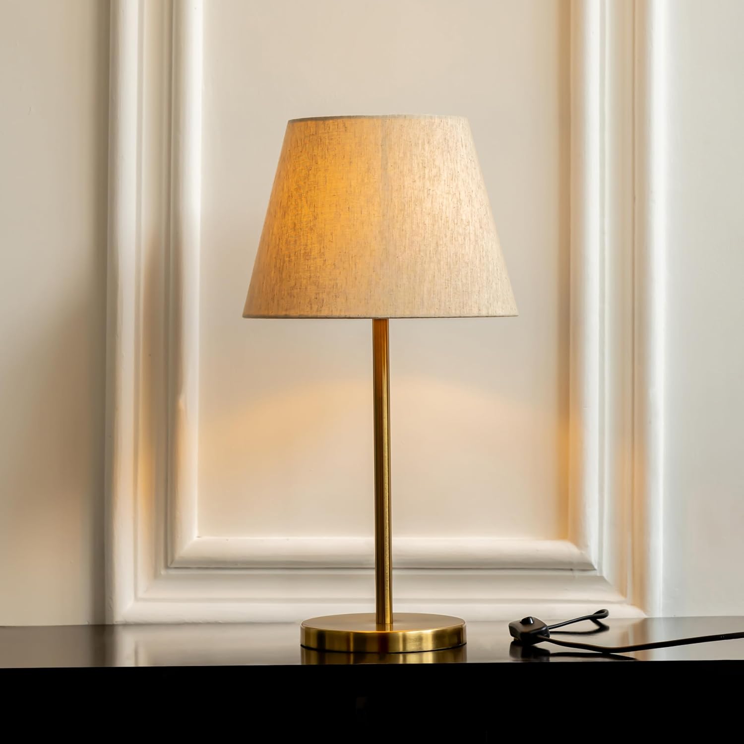 Divine Trends Table Lamp LED, Incandescent Modern Sleek Brass Antique Finish 19 Inches Height With 10 Inches Off White Tapered Lampshade For Bedroom, Living Room, Bedside (Pack Of 1)