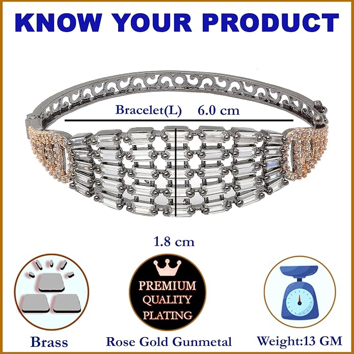 ZENEME Rhodium-Plated Silver Toned American Diamond Studded Contemporary Kada Bracelet For Girls and Women