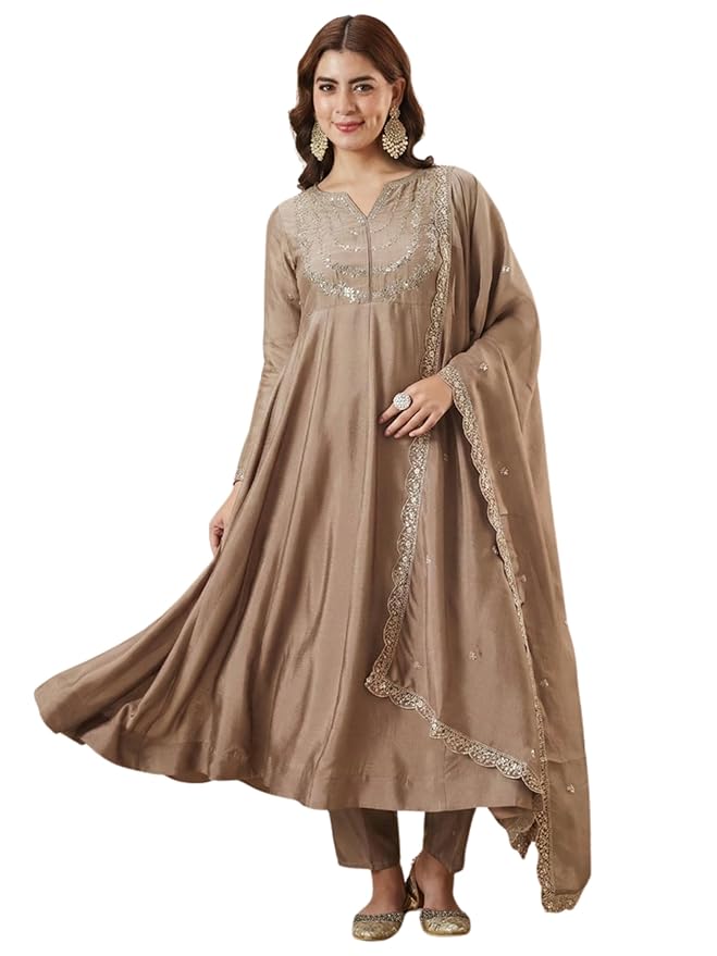 MOKOSH Women's Silk Embroidered Anarkali Kurta and Pant Set with Dupatta | 3 Piece Ethnic Kurta Set for Women | Regular Fit Traditional Outfit | Festive Kurta Set