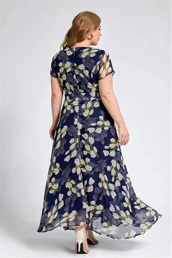 Shasmi Women's Navy Blue Georgette Digital Floral Printed Floral Printing Short Sleeve A-Line Maxi Gown Dress for Women (Gown Dress 248)