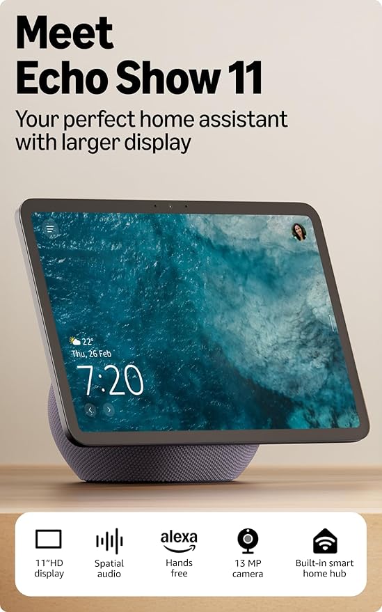 Amazon Echo Show 11 (newest model), vibrant 11" Full HD display with spatial audio & Alexa, new sleek design, smart home controls, 2x bass speaker, 13 MP camera, bluetooth, Graphite